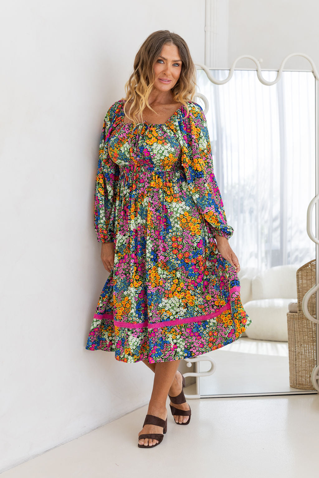 Long Sleeve Amberly Midi Dress in Flower Field Dawn