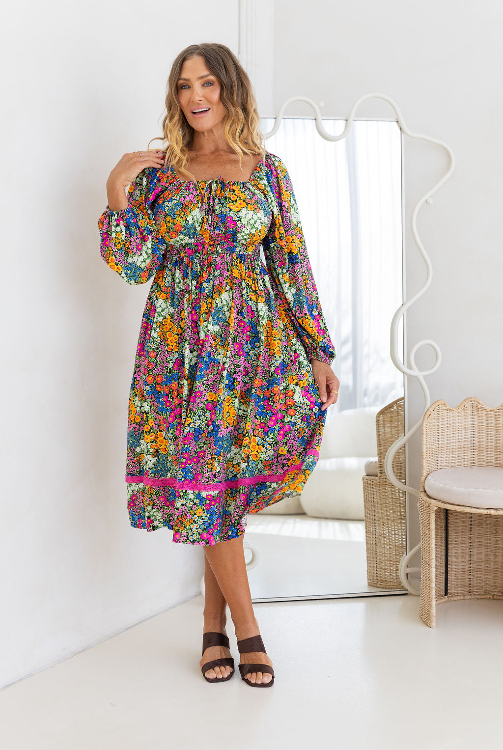 Long Sleeve Amberly Midi Dress in Flower Field Dawn