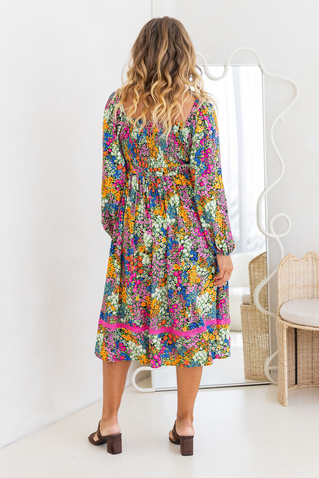 Long Sleeve Amberly Midi Dress in Flower Field Dawn