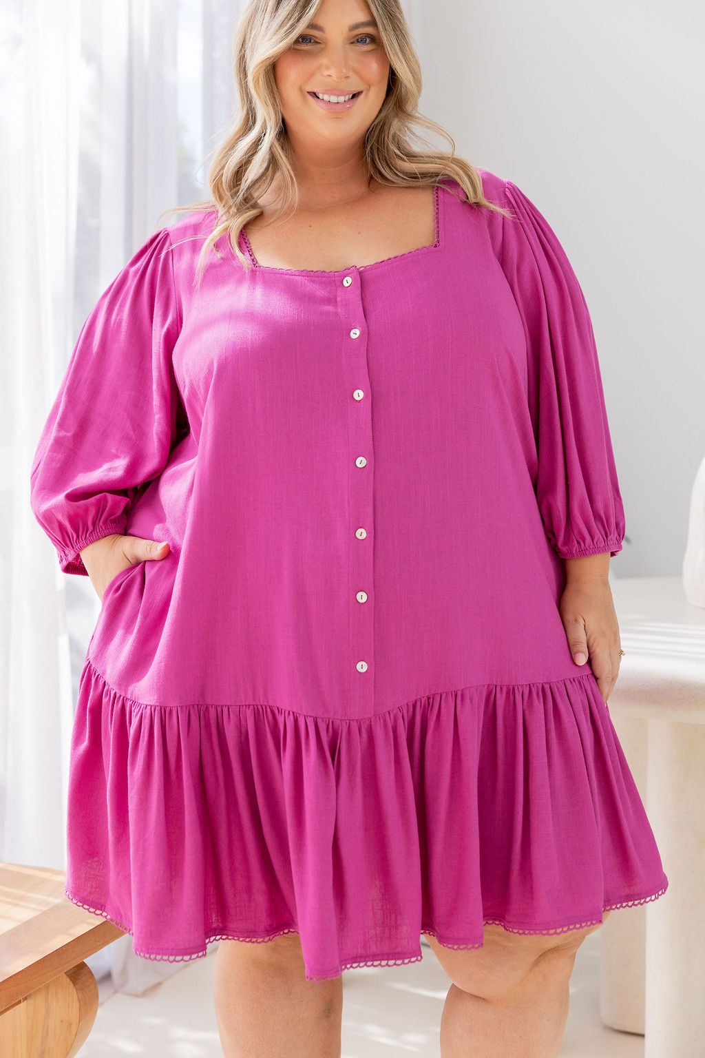 Kira Linen Blend Dress in Fuchsia