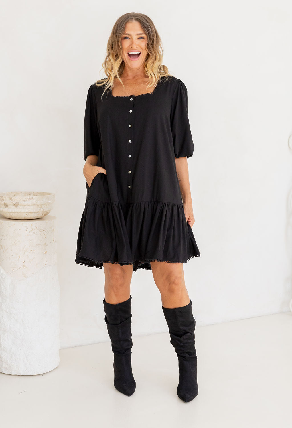 Kira Linen Blend Dress in Black