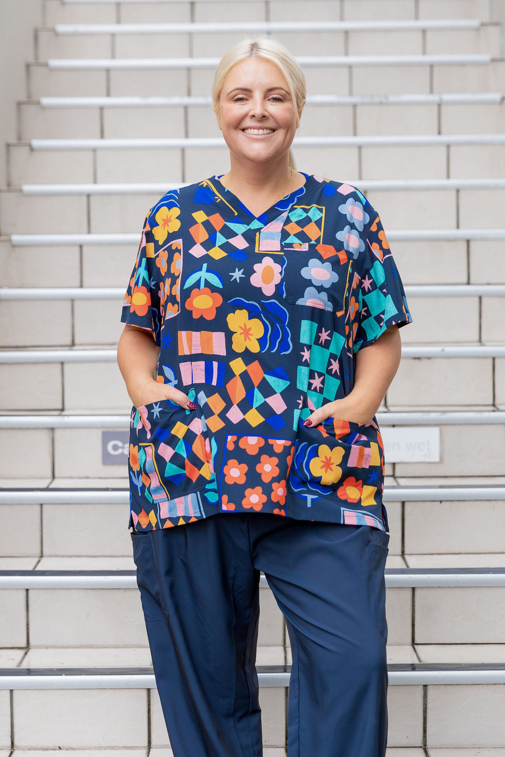 Jazz Scrubs in Checkerboard Petals Navy