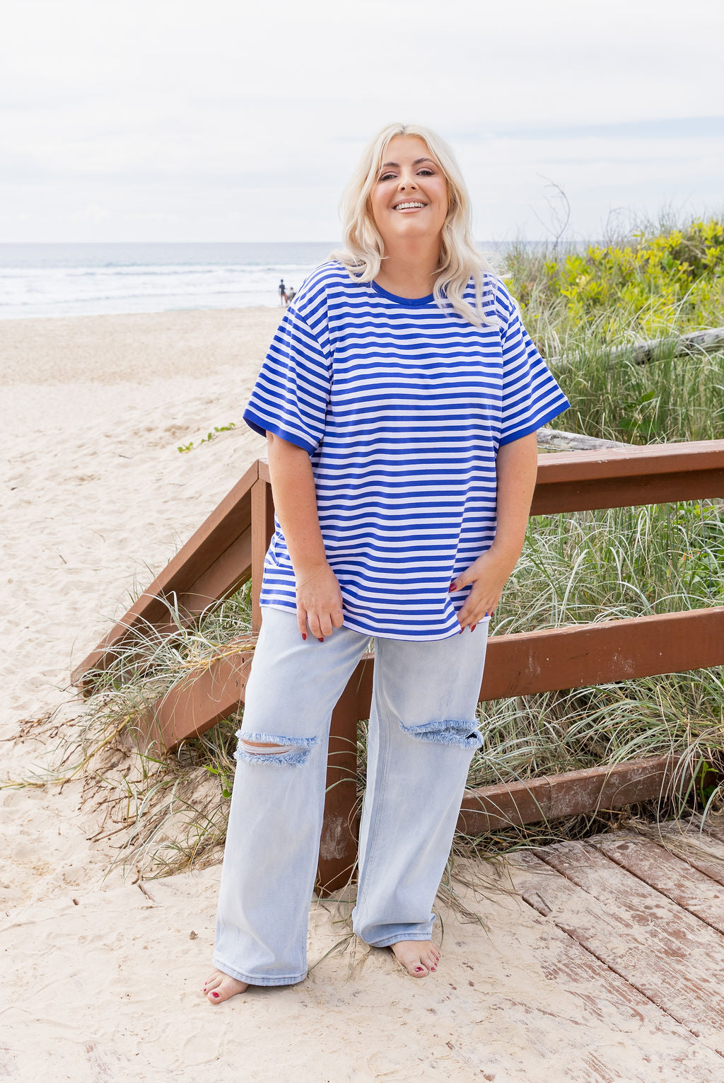 Striped Tee in Cobalt/White