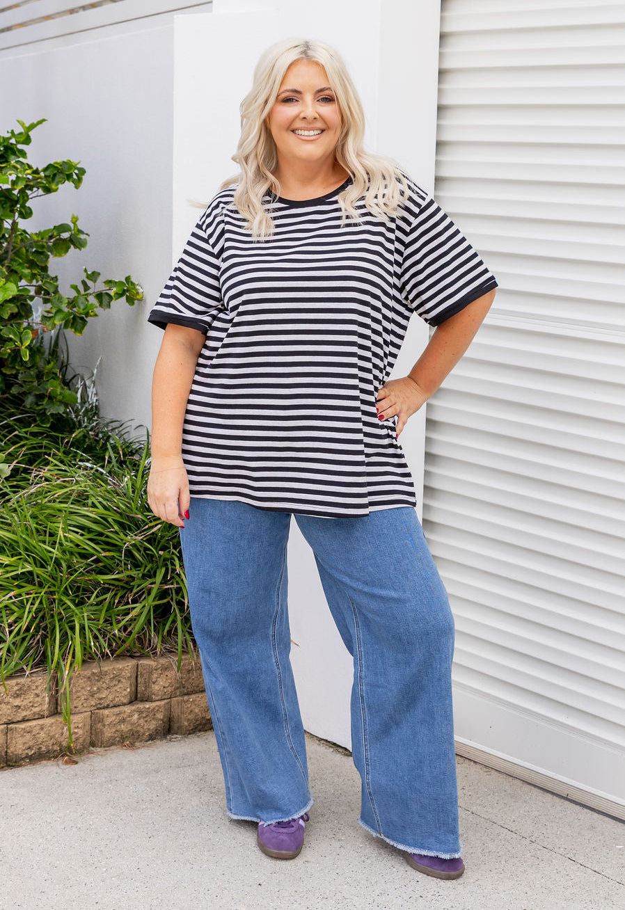 Striped Tee in Black/Grey Marl