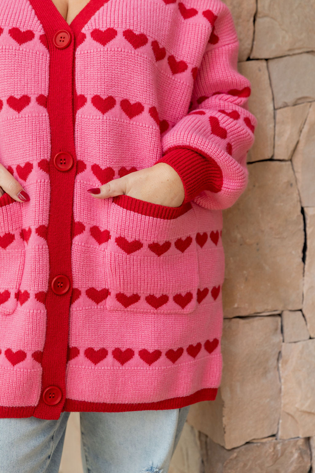 Devon Knit Cardi in Pink/Red Hearts