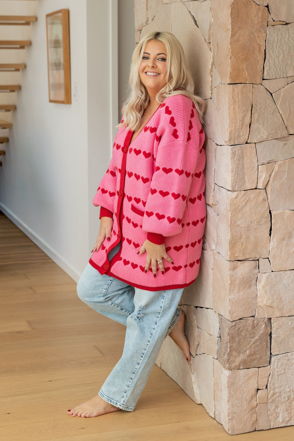 Devon Knit Cardi in Pink/Red Hearts
