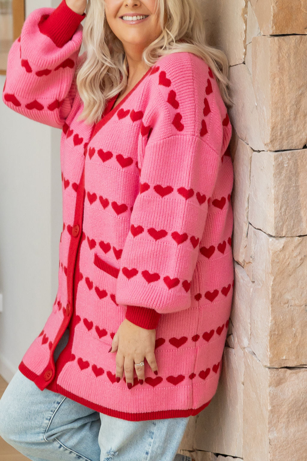 Devon Knit Cardi in Pink/Red Hearts