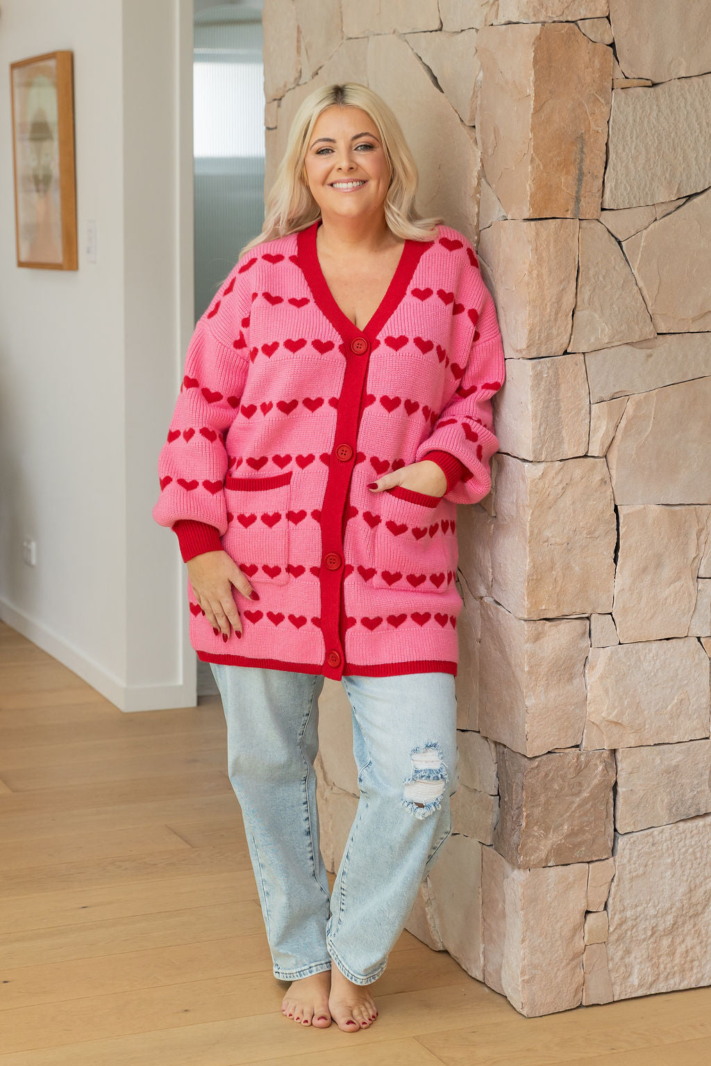 Devon Knit Cardi in Pink/Red Hearts