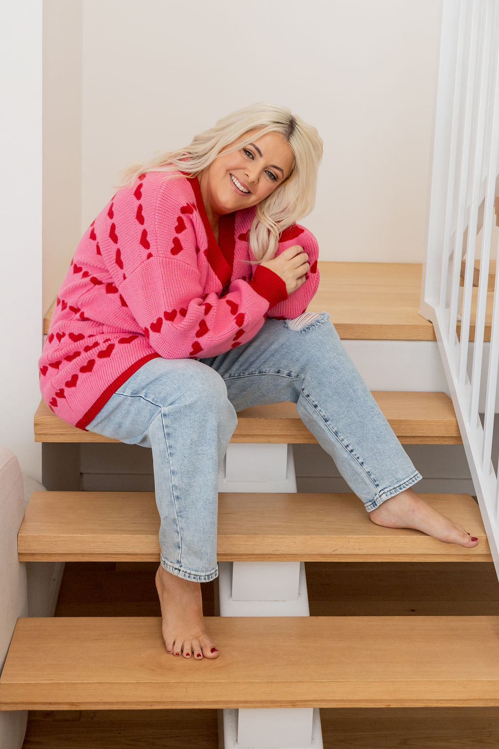 Devon Knit Cardi in Pink/Red Hearts