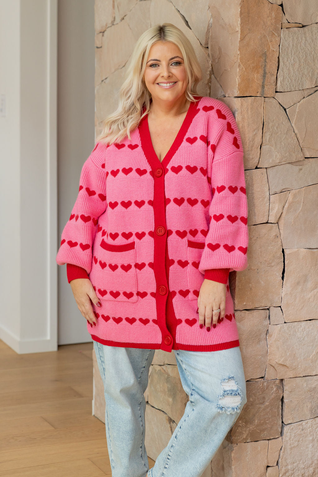 Devon Knit Cardi in Pink/Red Hearts