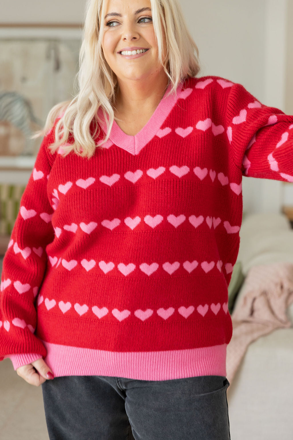 Sienna Knit Sweater in Red/Pink Hearts