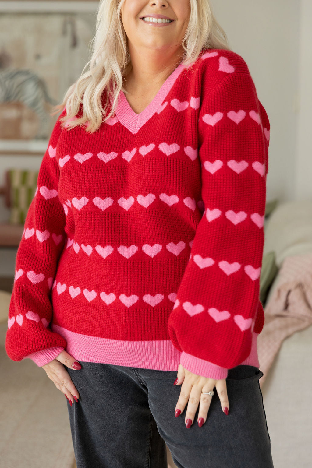 Sienna Knit Sweater in Red/Pink Hearts