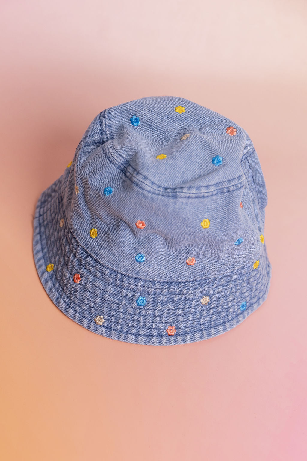 Denim Bucket Hat in Embroidered Floral