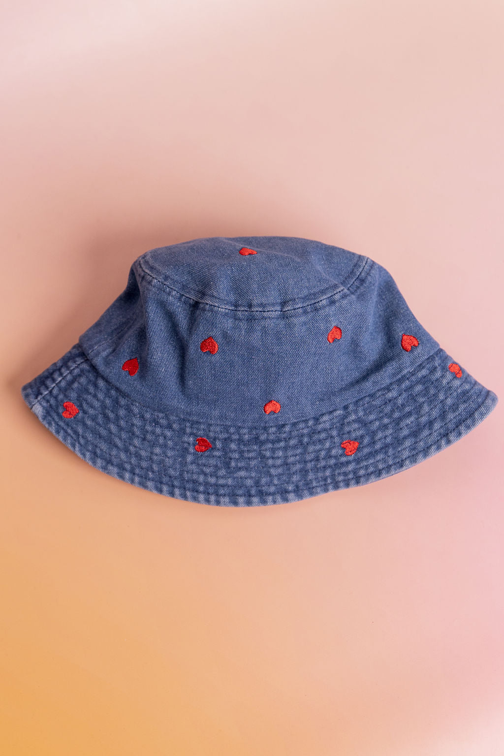 Denim Bucket Hat in Embroidered Hearts