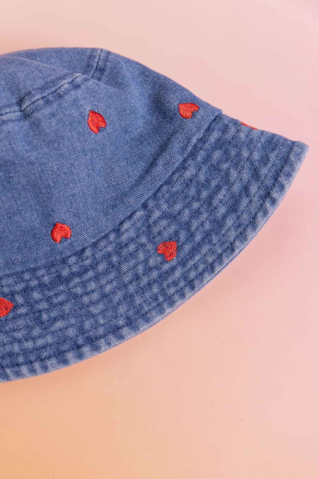 Denim Bucket Hat in Embroidered Hearts