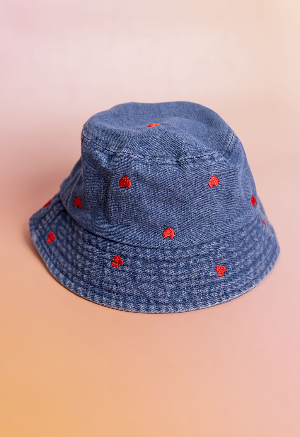Denim Bucket Hat in Embroidered Hearts