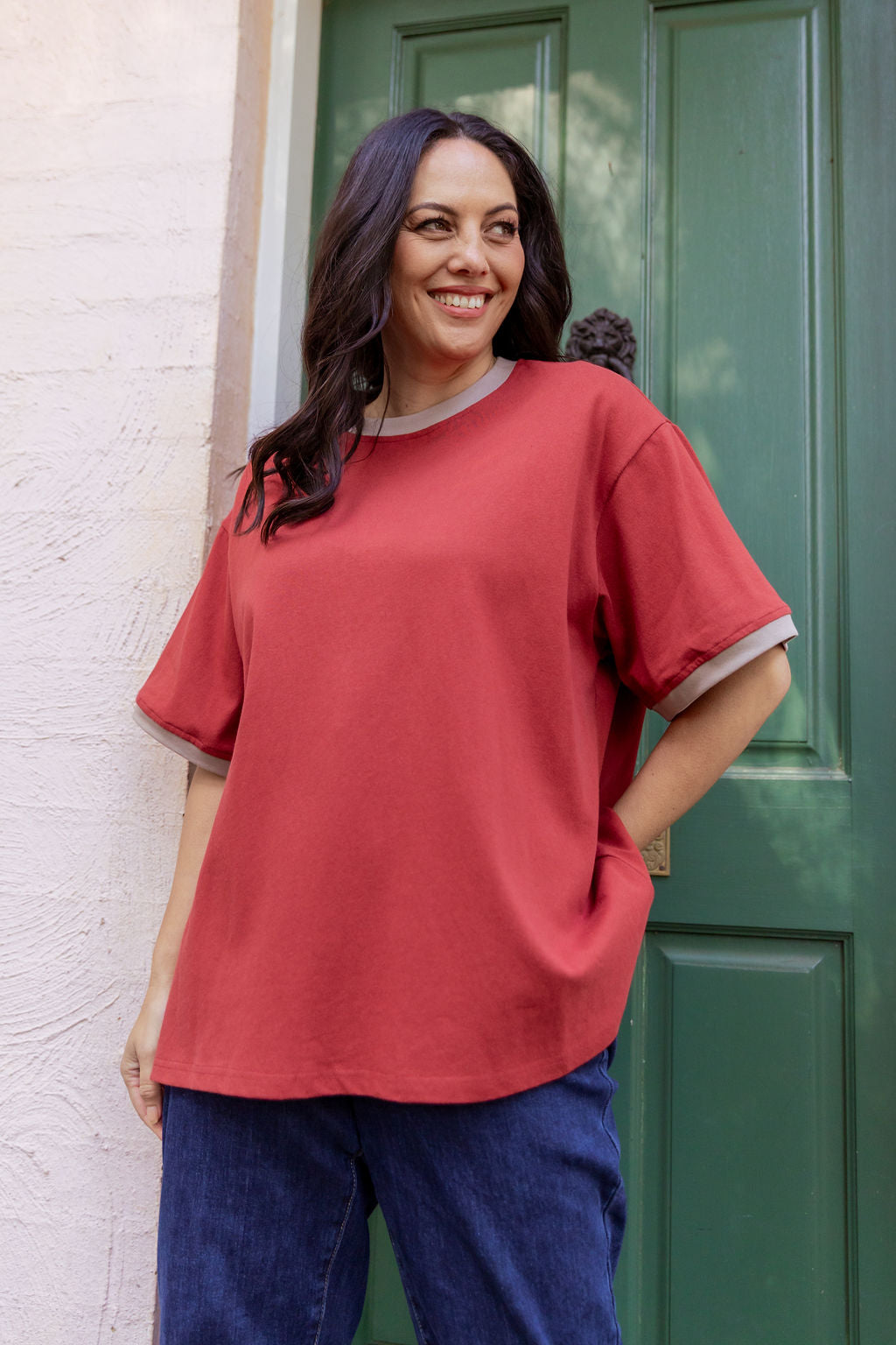 Nikita Heavyweight Cotton Tee in Wine/Oat Contrast