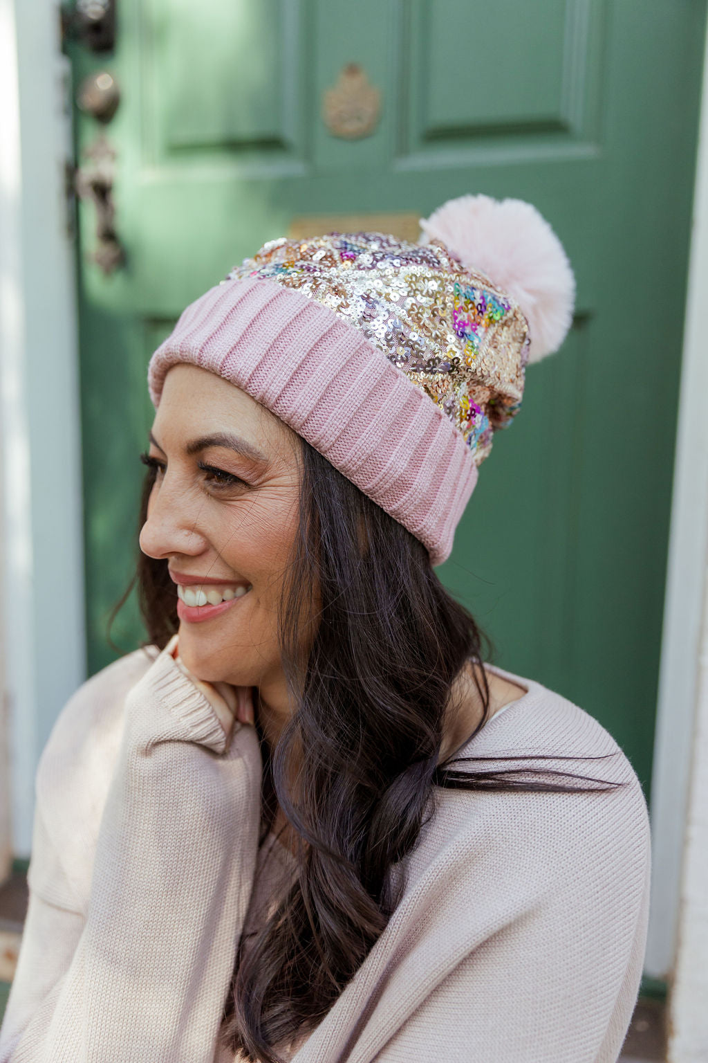 Embellished Beanie in Dusty Pink