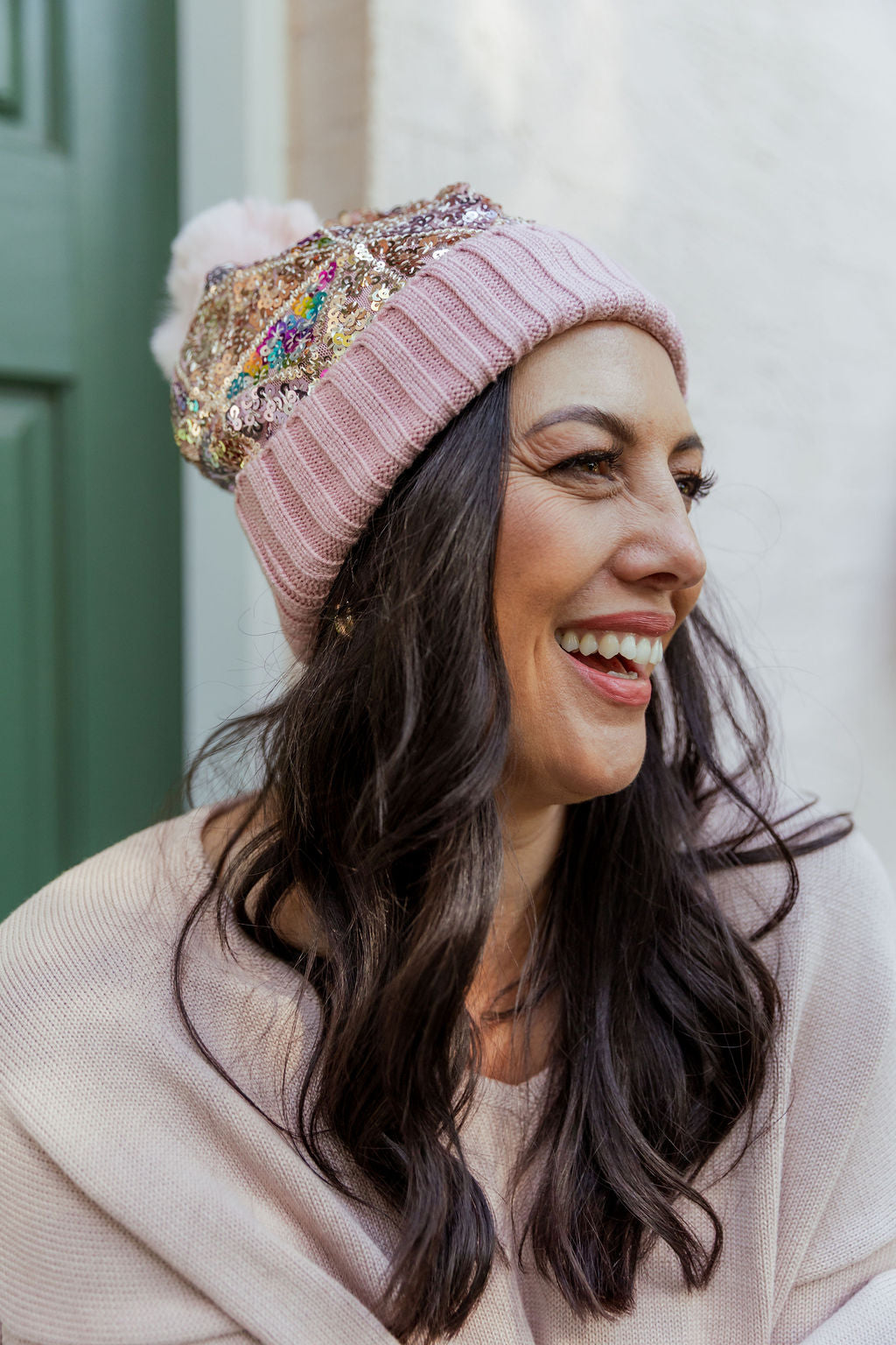 Embellished Beanie in Dusty Pink