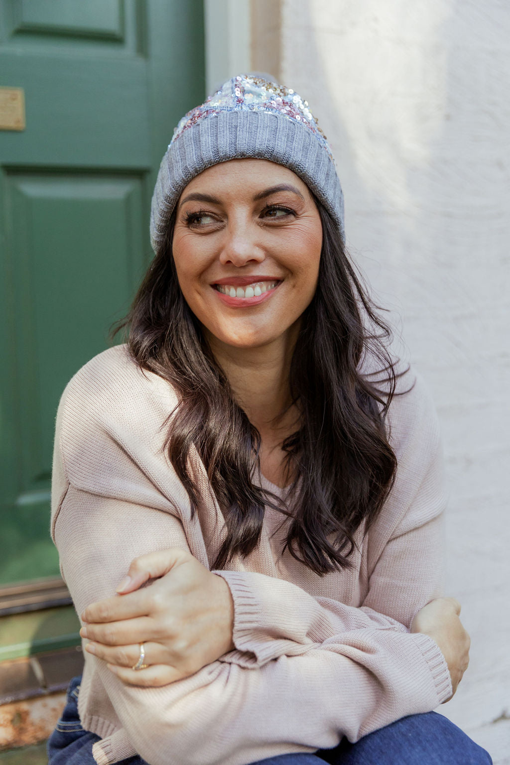 Embellished Beanie in Grey