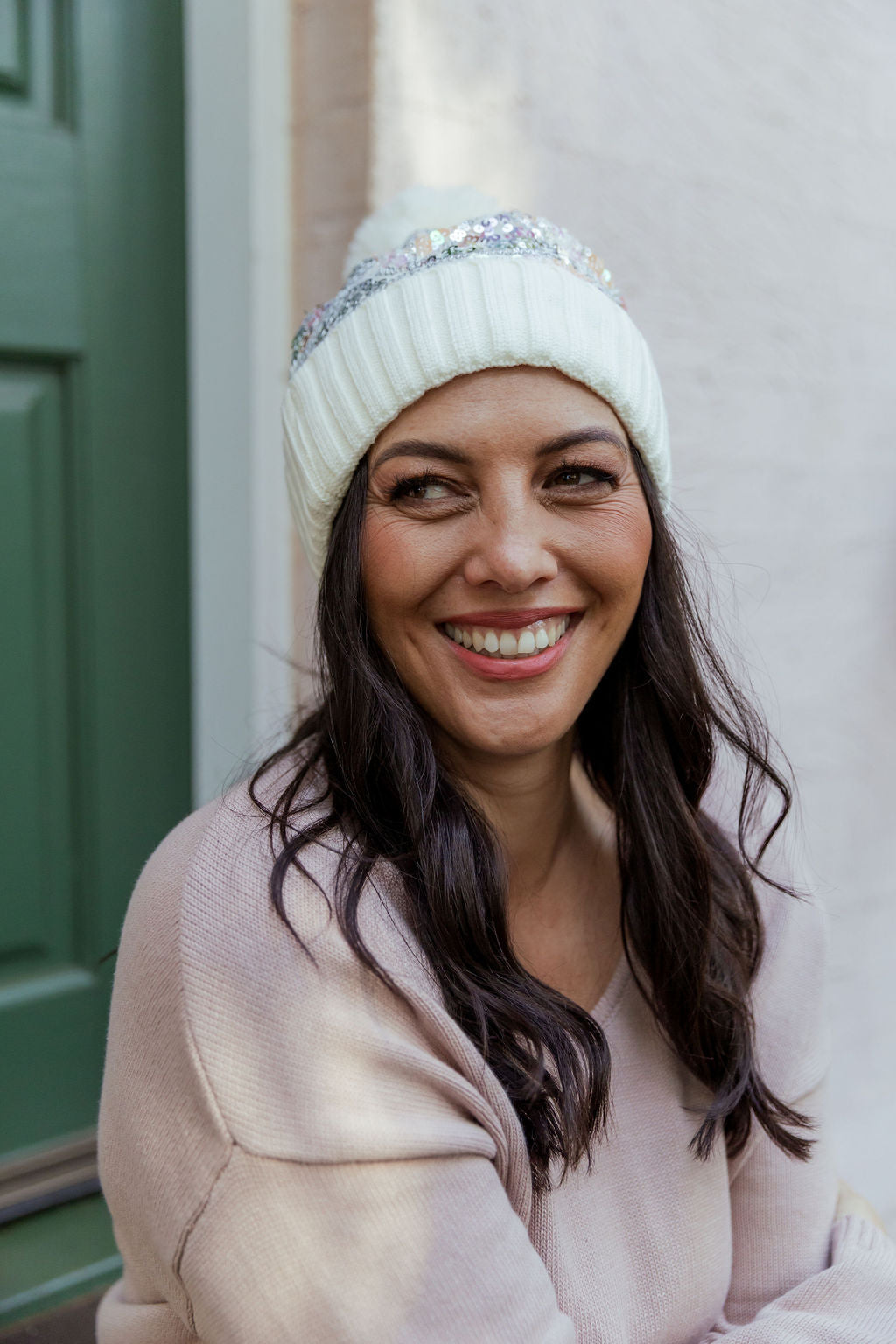Embellished Beanie in Cream
