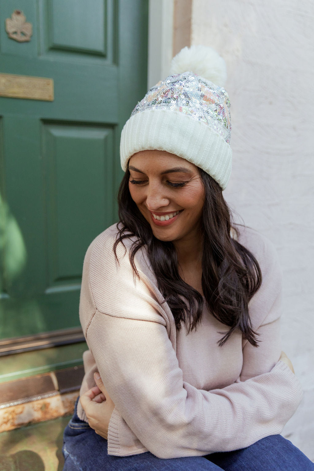 Embellished Beanie in Cream