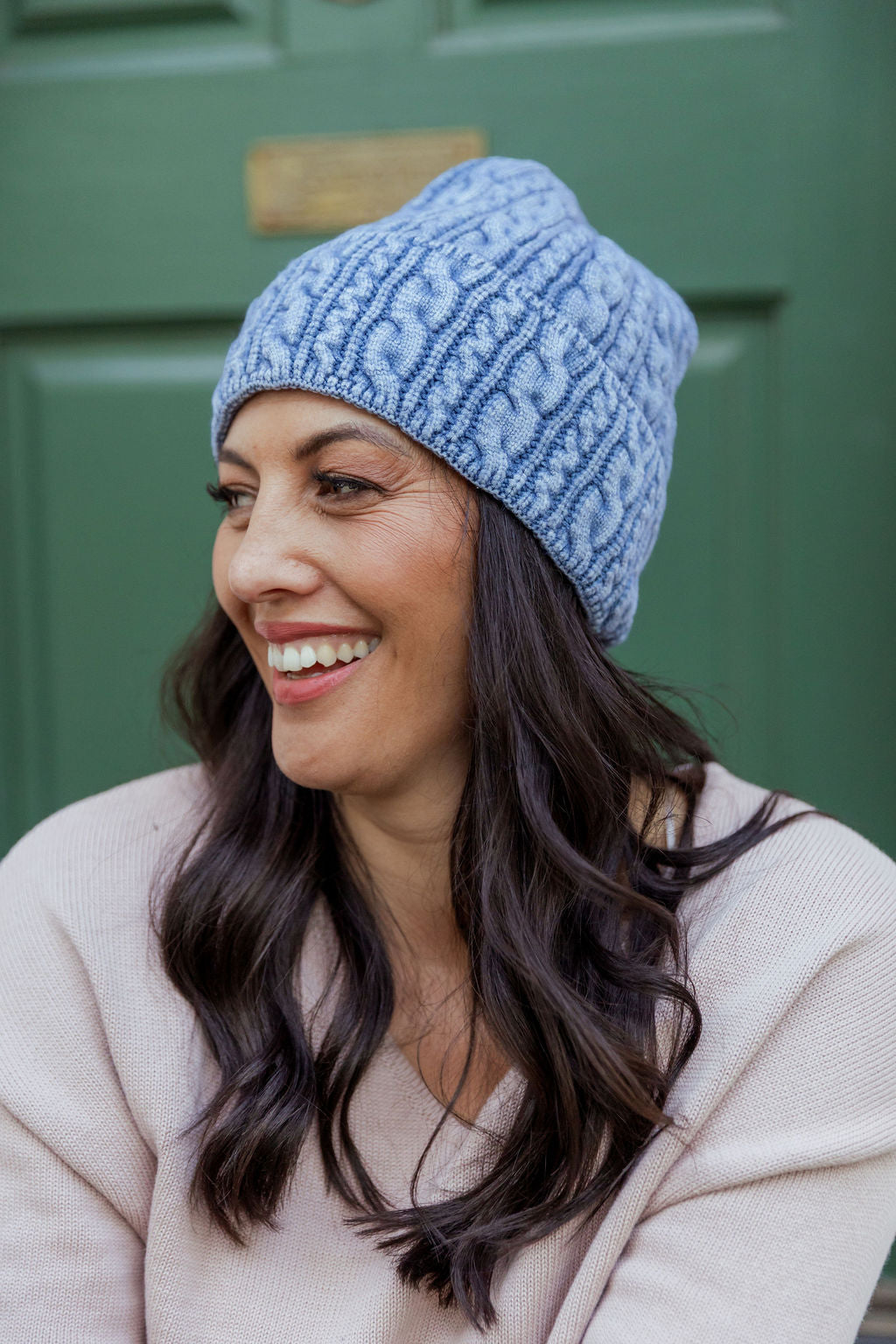 Cable Knit Beanie in Blue Acid Wash