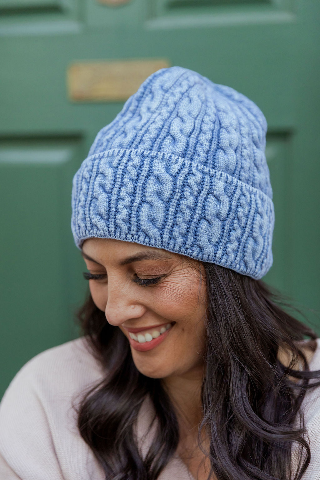 Cable Knit Beanie in Blue Acid Wash