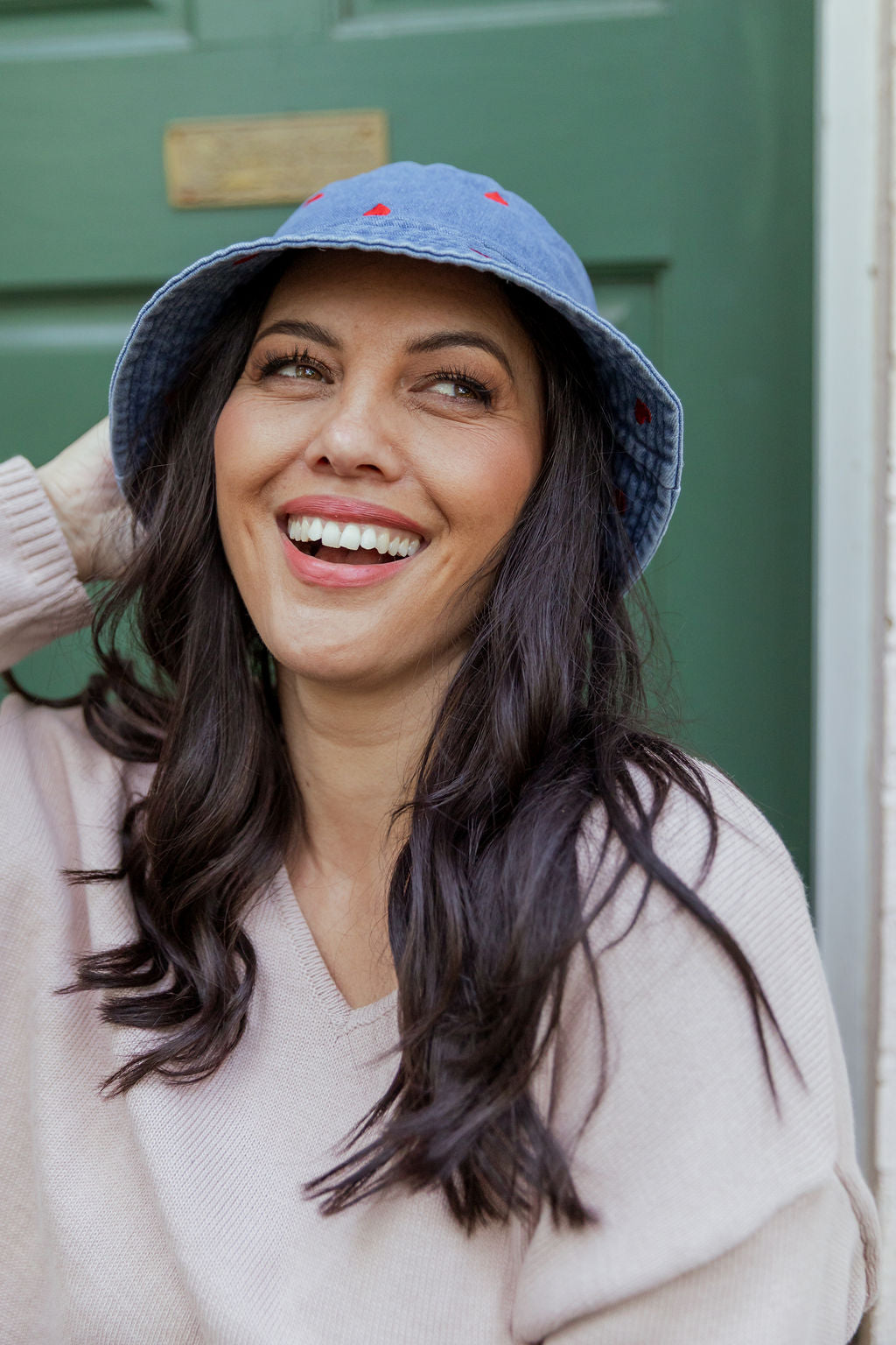 Denim Bucket Hat in Embroidered Hearts