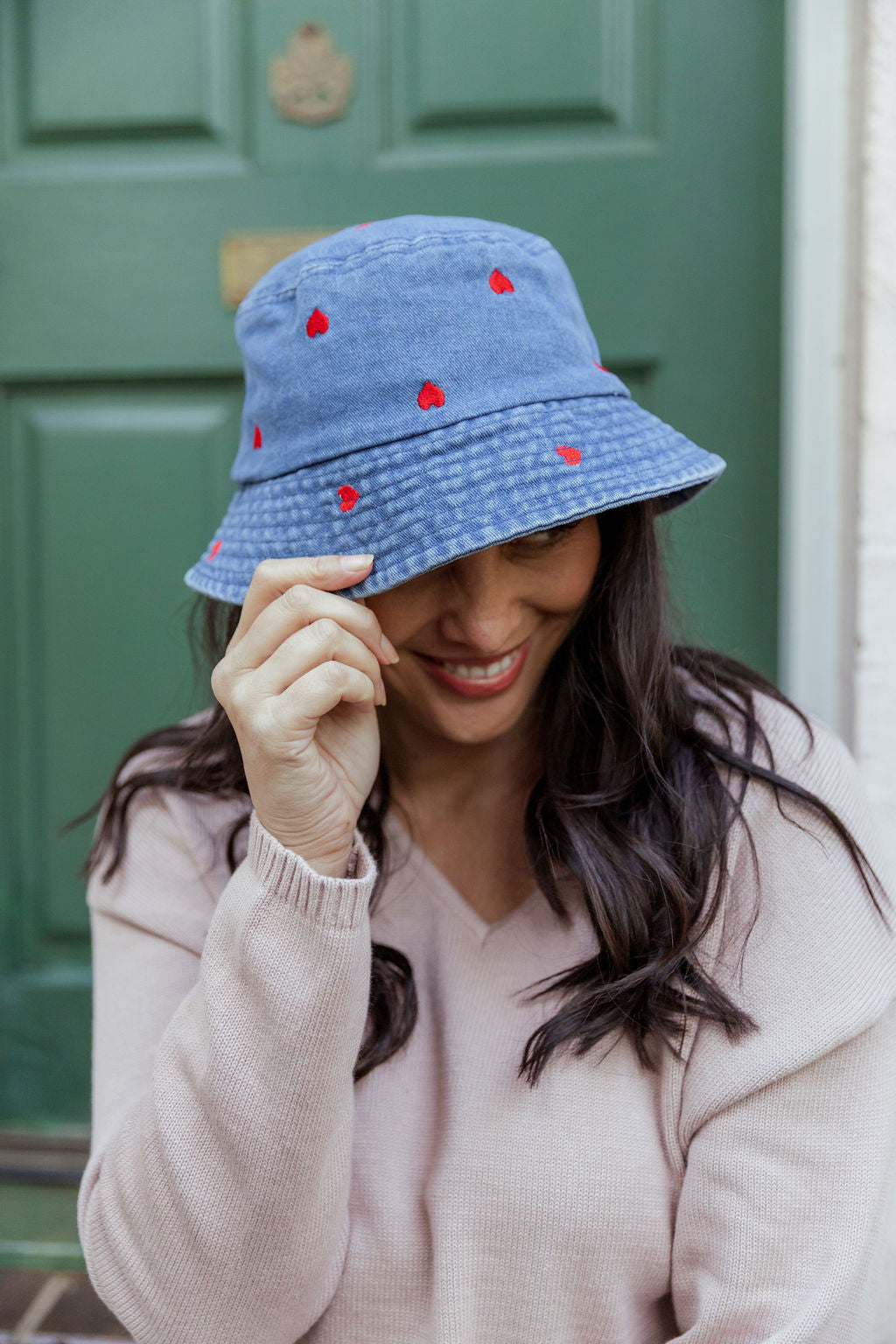 Denim Bucket Hat in Embroidered Hearts