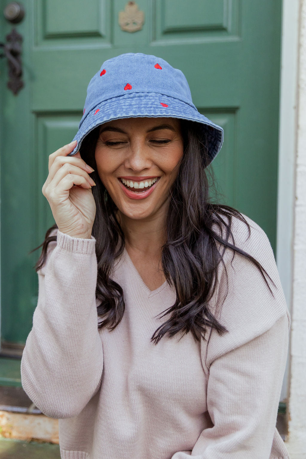 Denim Bucket Hat in Embroidered Hearts