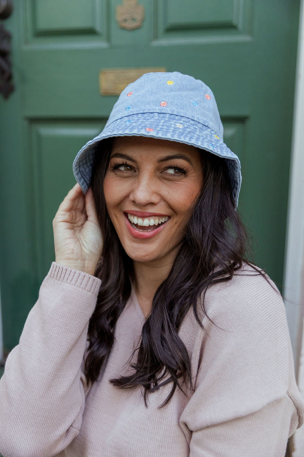 Denim Bucket Hat in Embroidered Floral