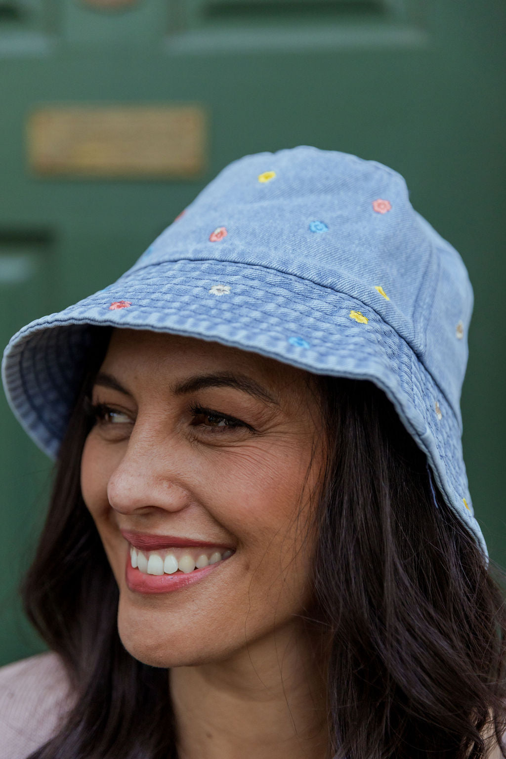 Denim Bucket Hat in Embroidered Floral