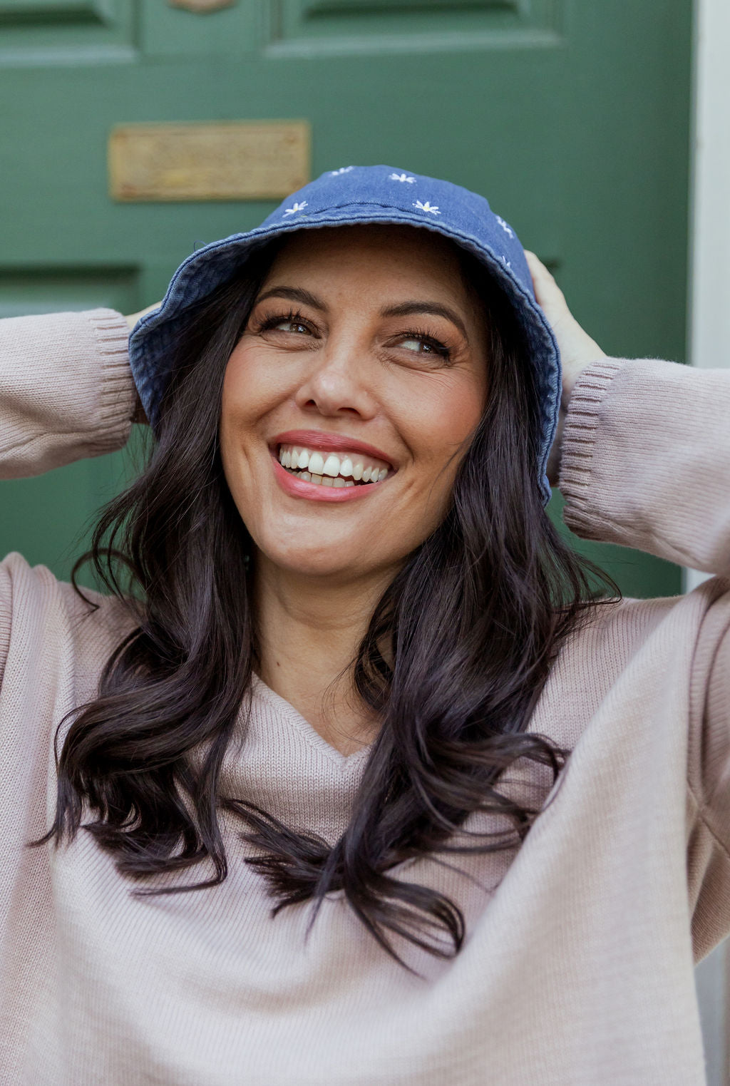 Denim Bucket Hat in Embroidered Daisies