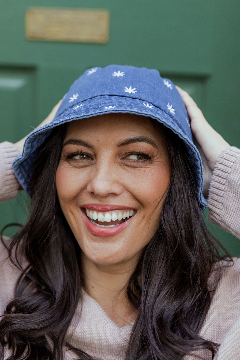 Denim Bucket Hat in Embroidered Daisies