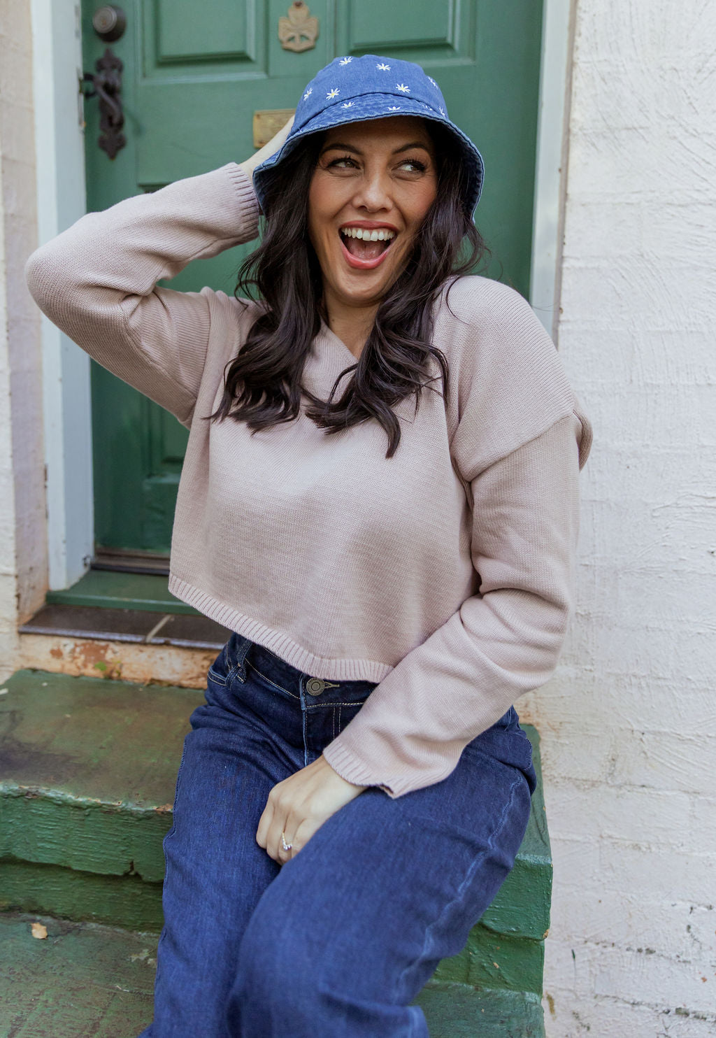 Denim Bucket Hat in Embroidered Daisies