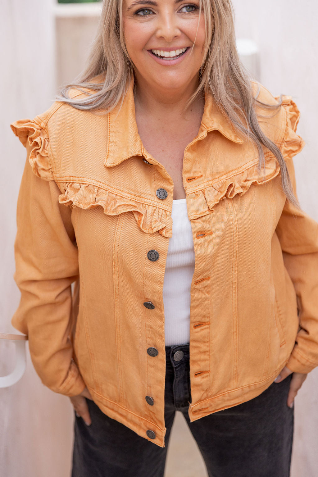 Tessa Ruffle Denim Jacket in Orange Wash