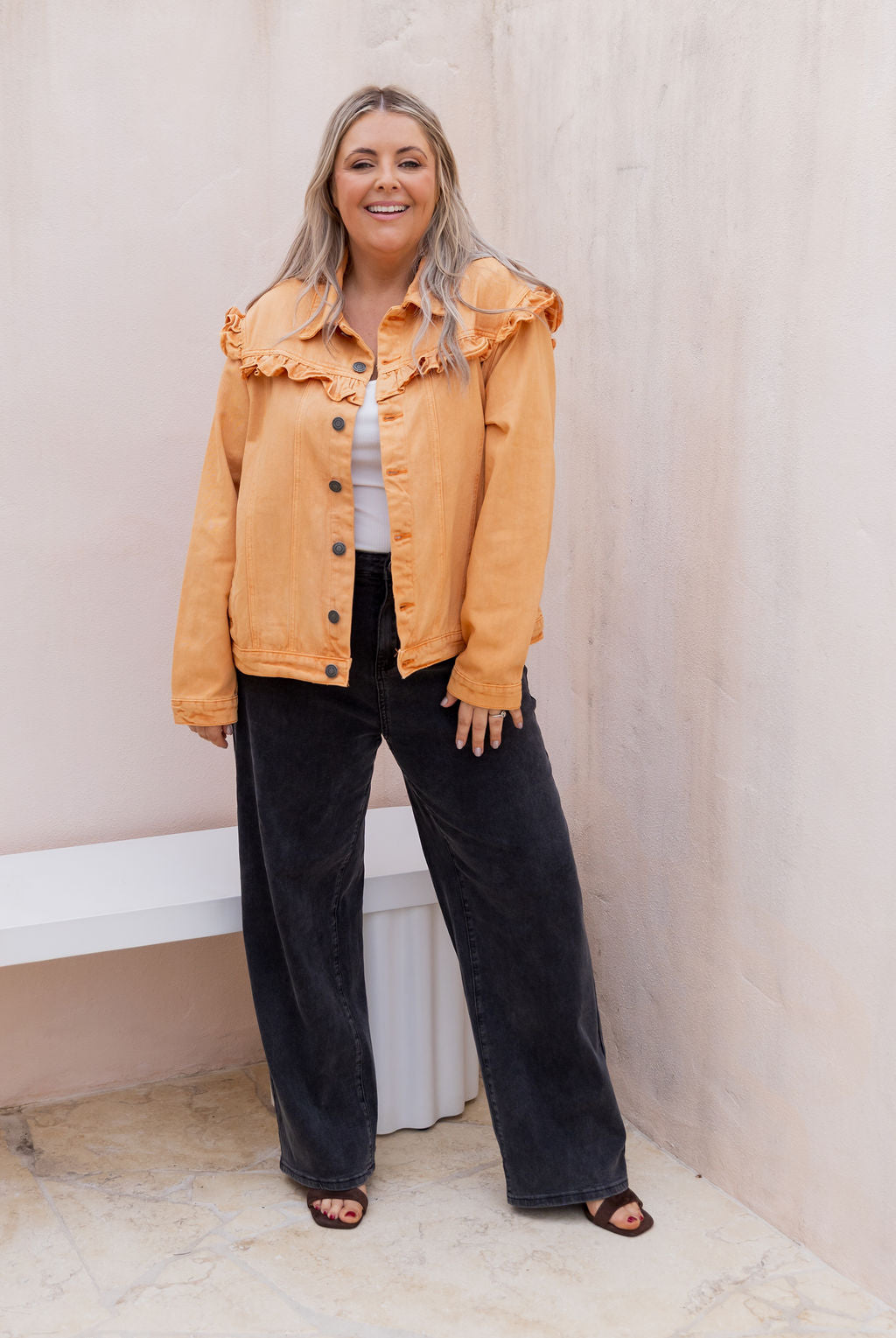 Tessa Ruffle Denim Jacket in Orange Wash