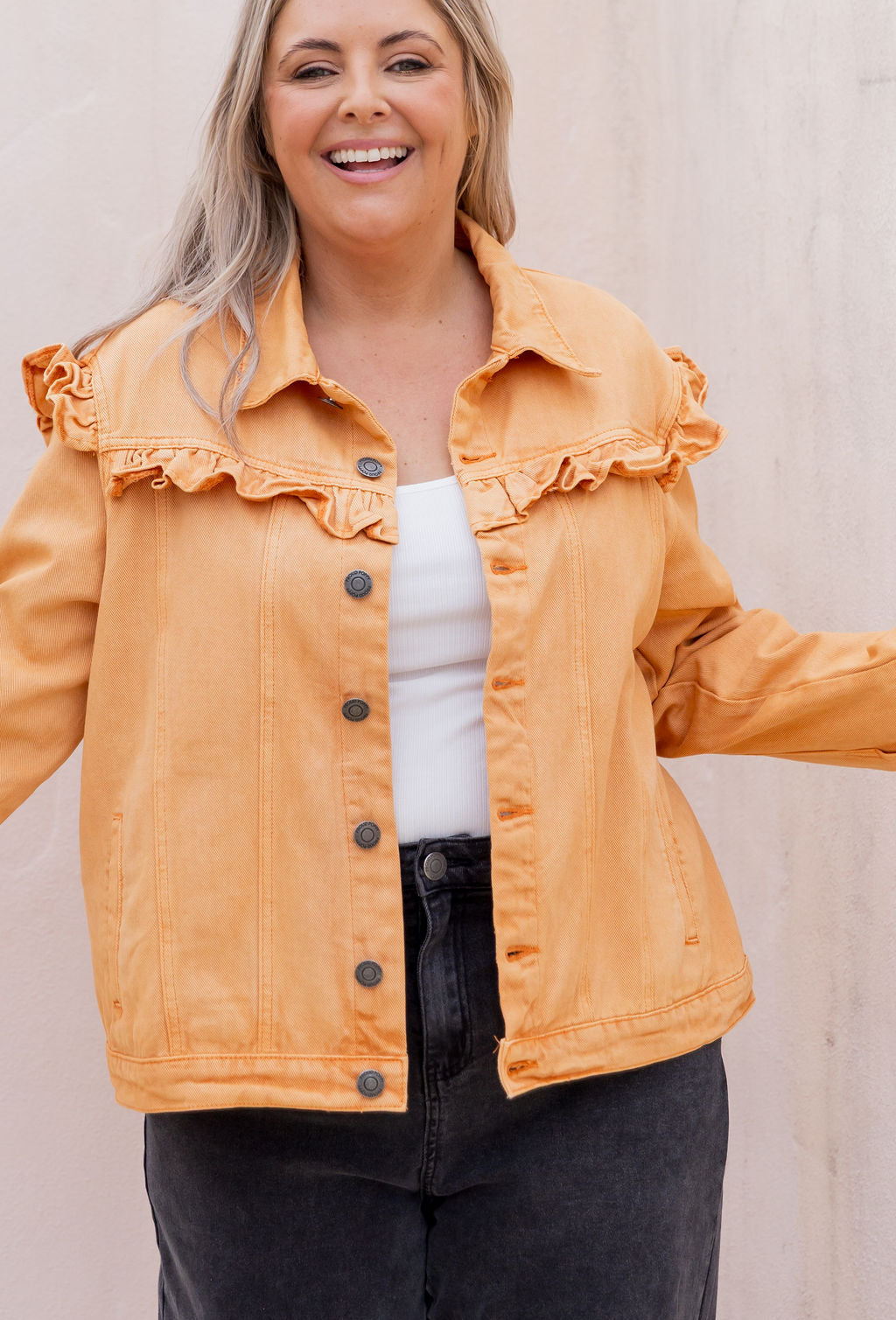Tessa Ruffle Denim Jacket in Orange Wash