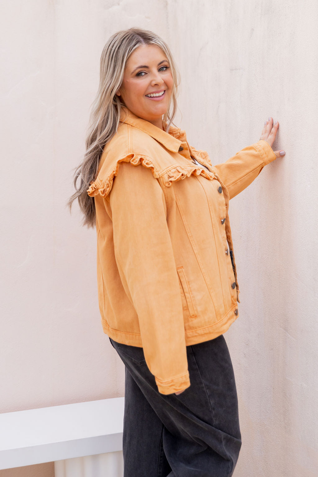 Tessa Ruffle Denim Jacket in Orange Wash