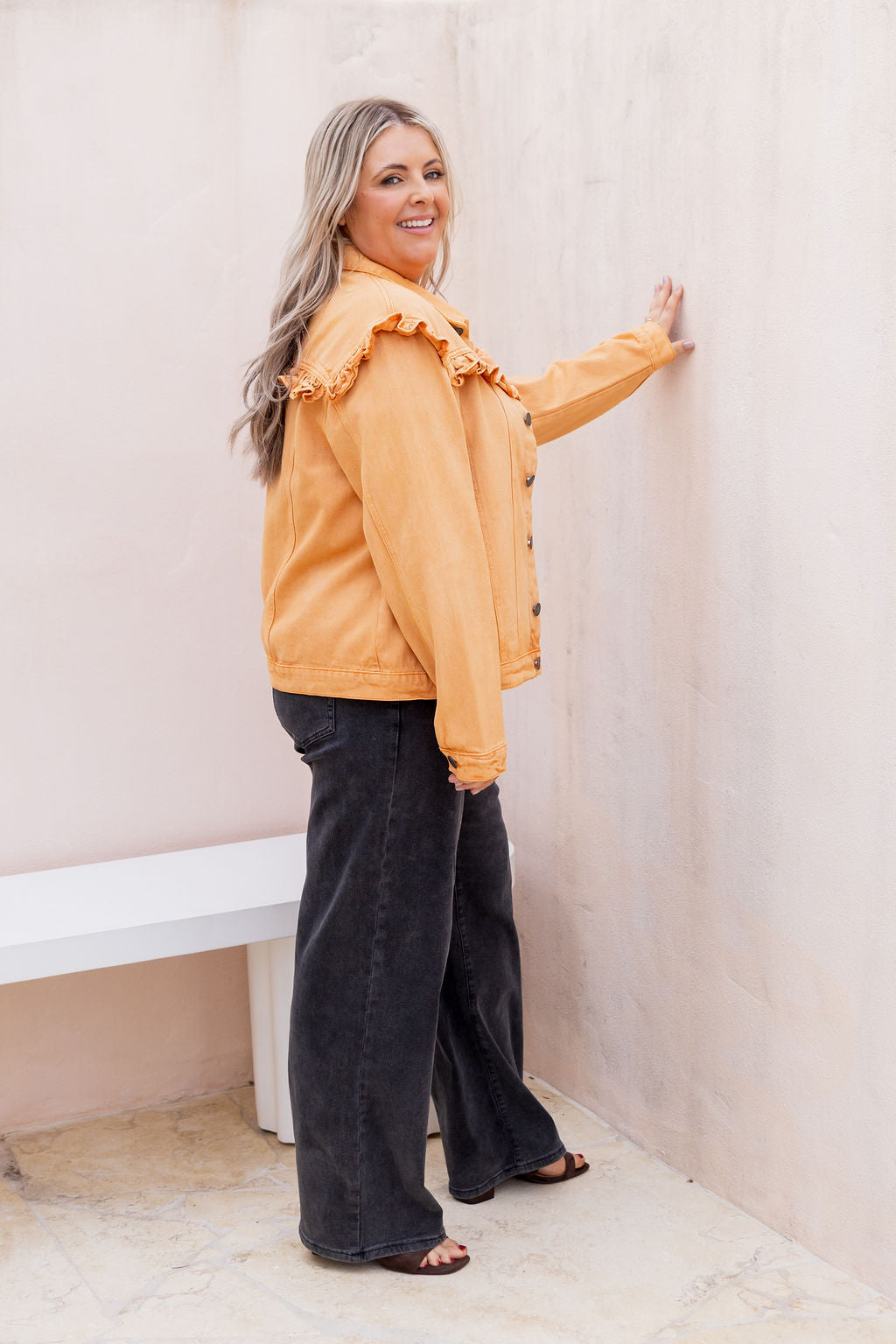 Tessa Ruffle Denim Jacket in Orange Wash