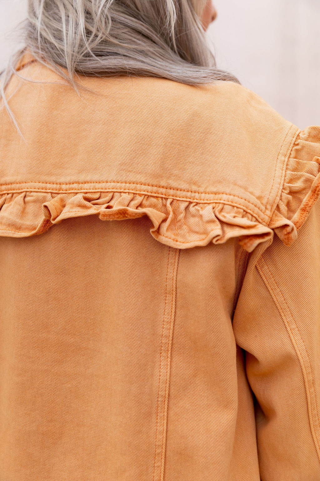 Tessa Ruffle Denim Jacket in Orange Wash