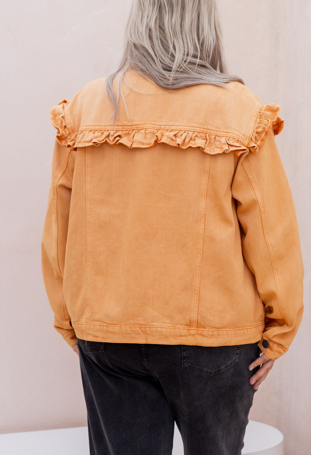 Tessa Ruffle Denim Jacket in Orange Wash