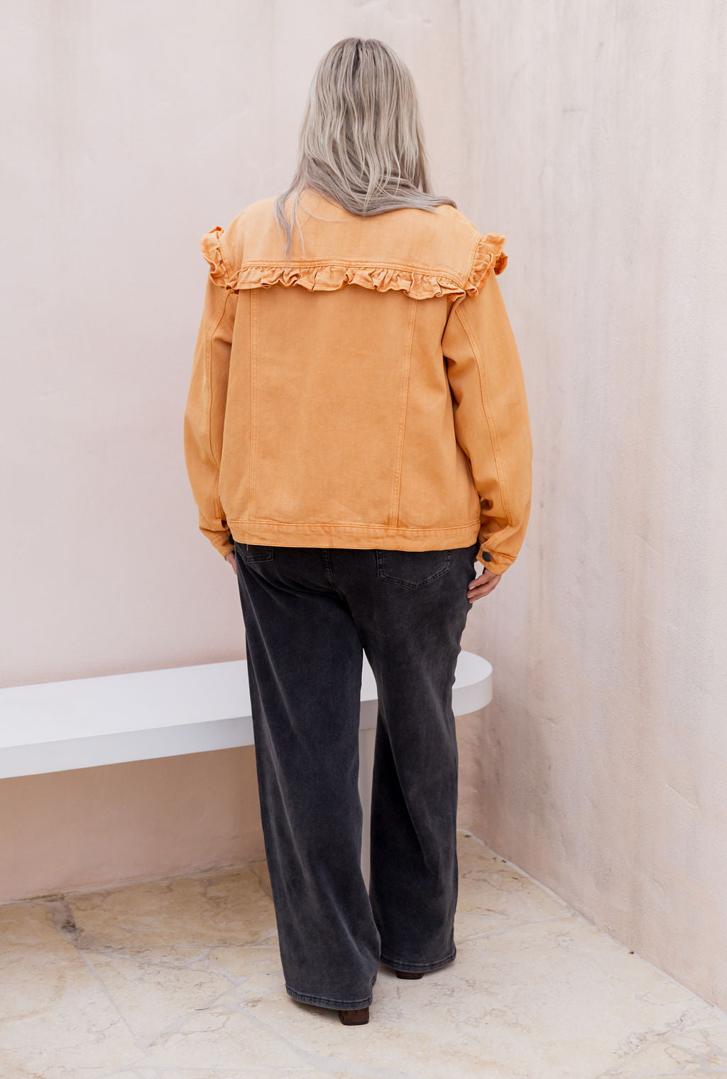 Tessa Ruffle Denim Jacket in Orange Wash