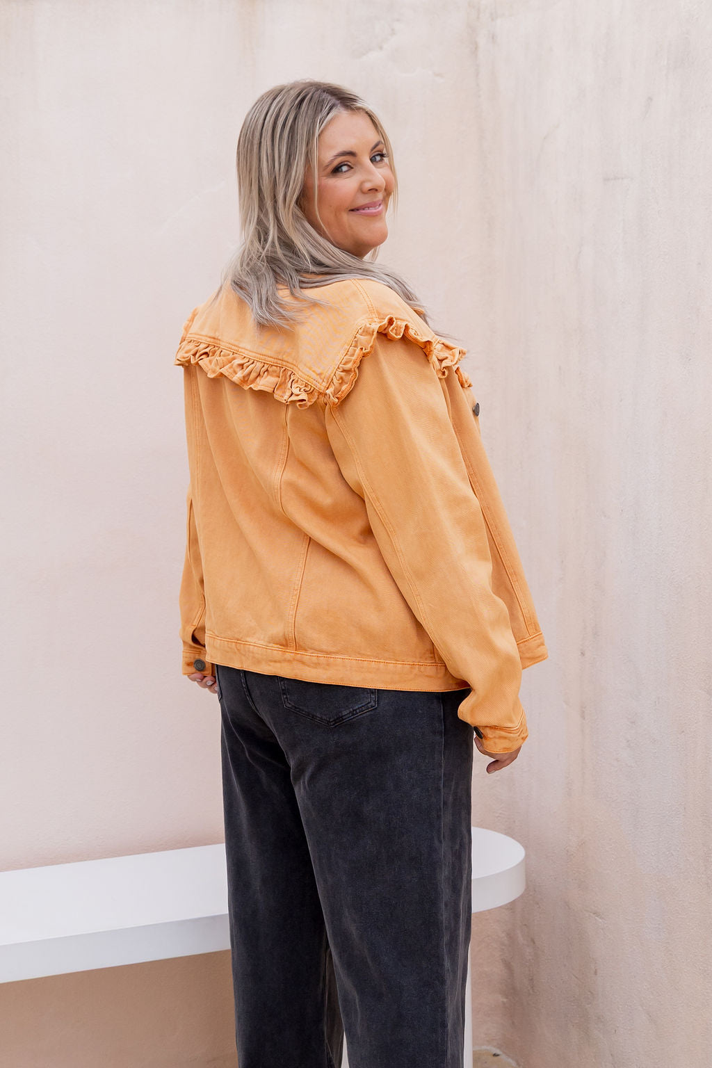 Tessa Ruffle Denim Jacket in Orange Wash