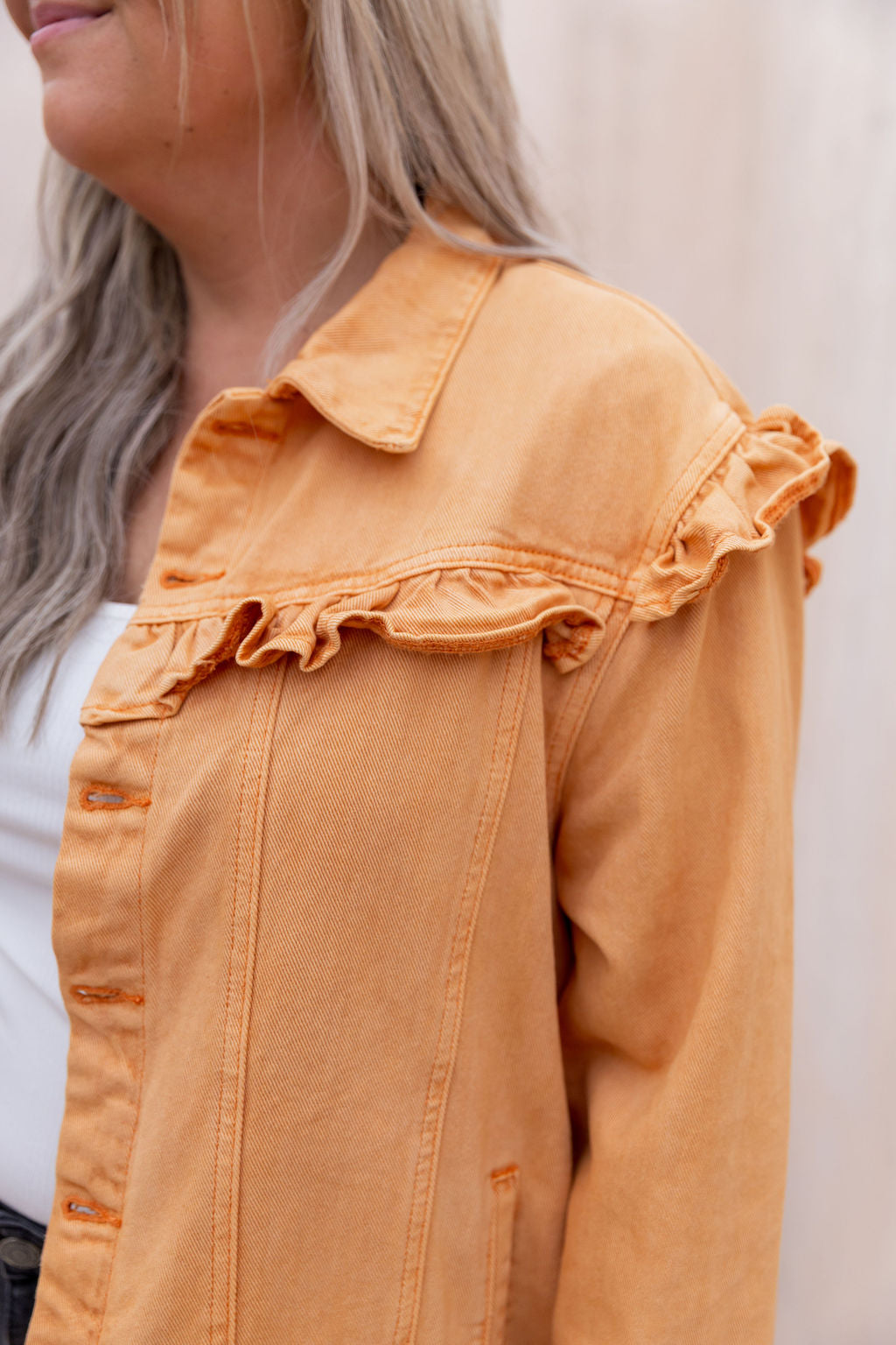 Tessa Ruffle Denim Jacket in Orange Wash