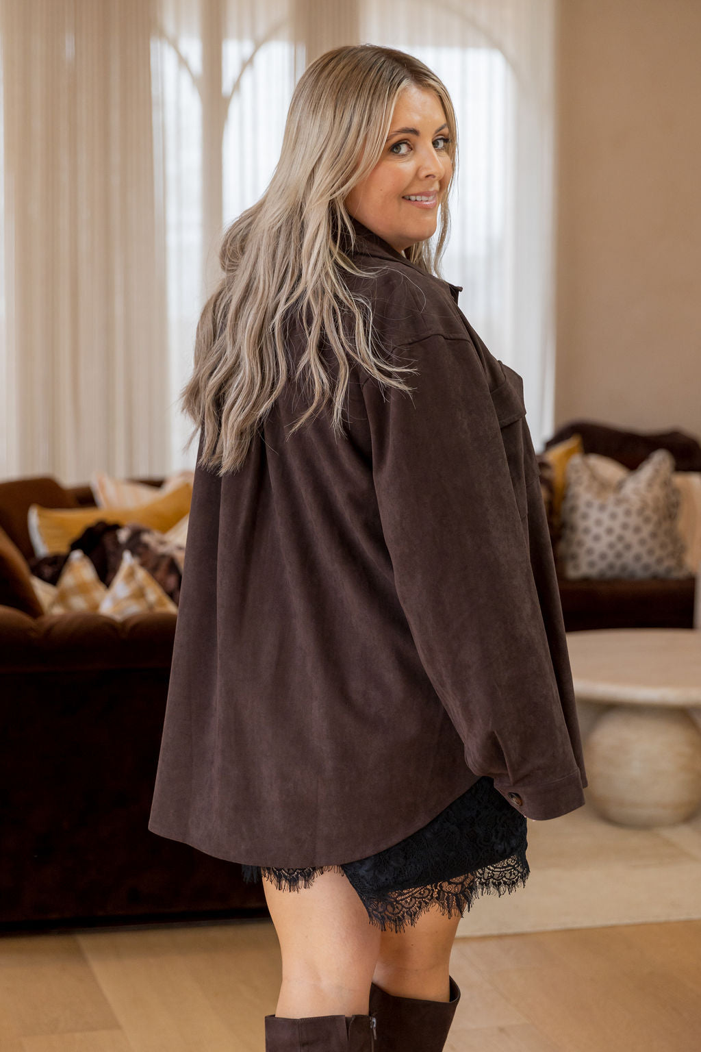 Elsia Shacket in Choc Faux Suede