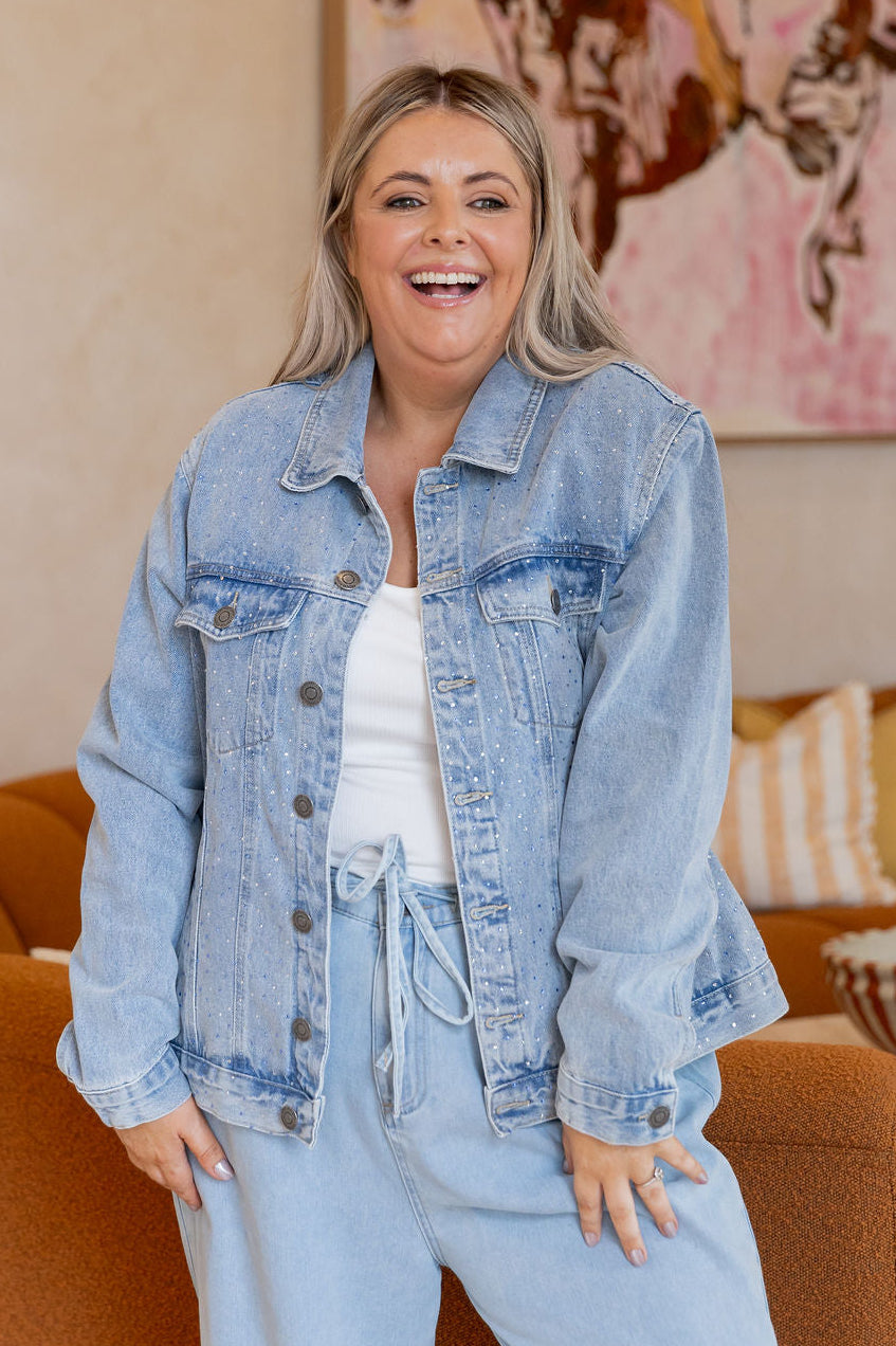 Hayden Denim Jacket in Rhinestone/Blue Wash