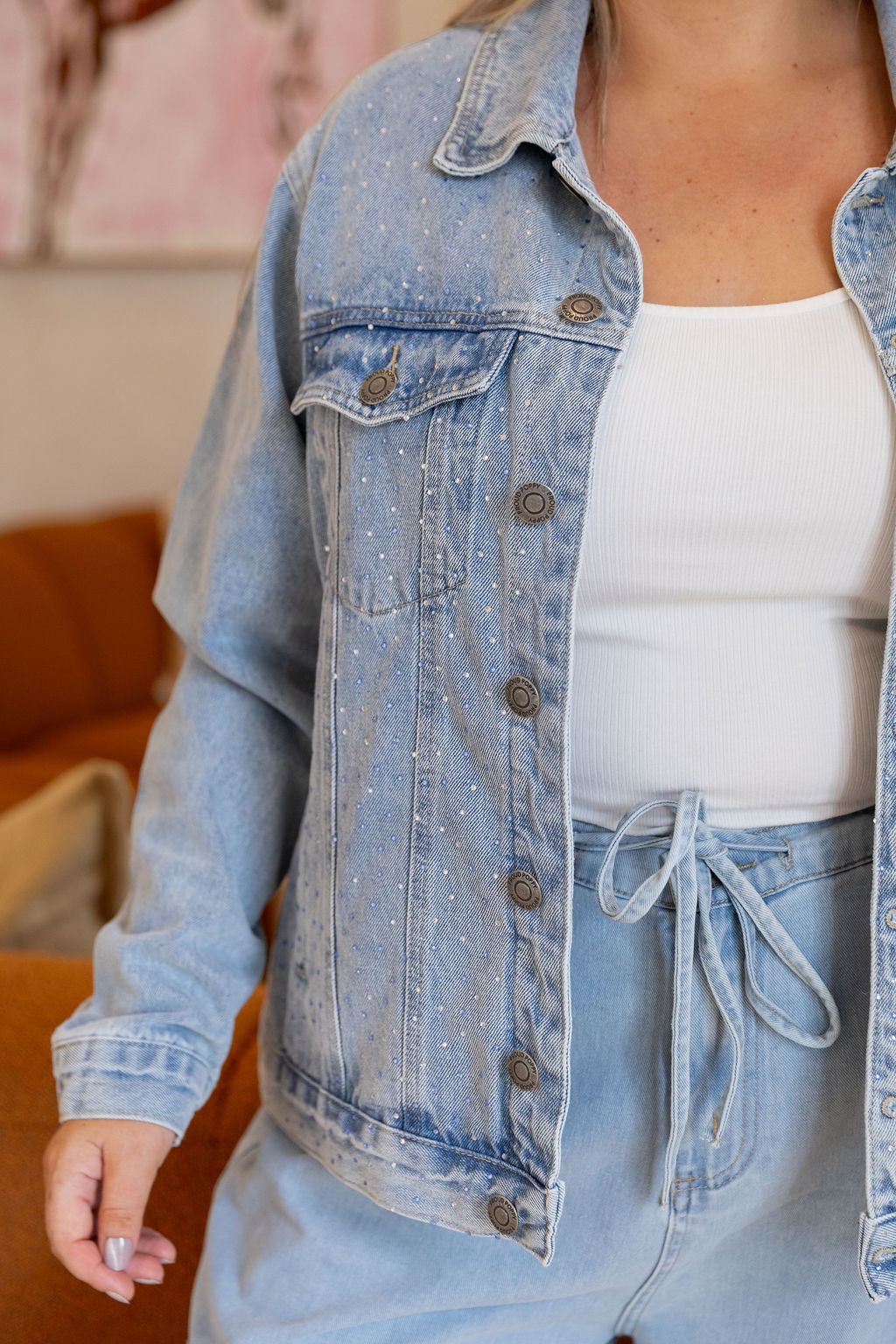 Hayden Denim Jacket in Rhinestone/Blue Wash