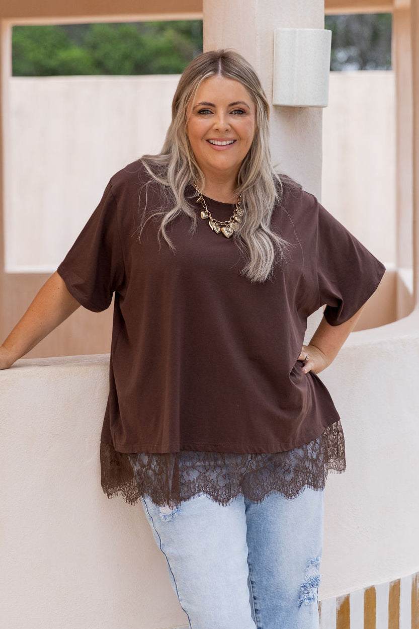Lola Lace Trim Tee in Chocolate – Proud Poppy Clothing